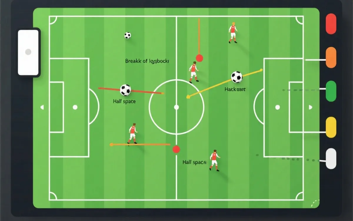 战术板示意：肋部第三人跑动、禁区前沿回敲、倒三角形成高质量射门