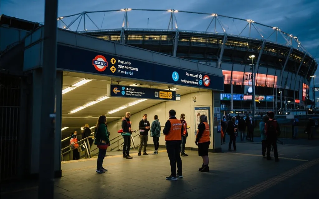 比赛日倒计时氛围：地铁站指示牌、志愿者与球迷人流