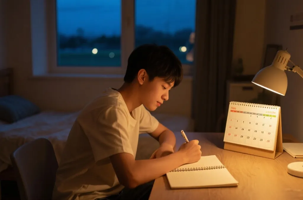 学生在安静房间里用笔记本规划观赛与学习时间表